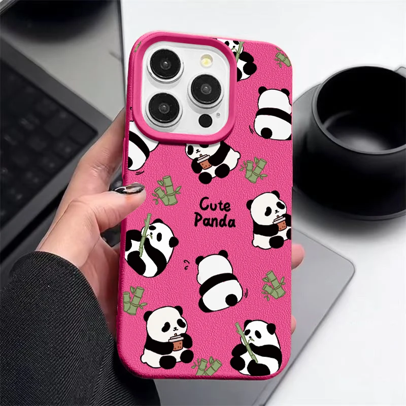 Luxury Leather Texture Silicone Case For iPhone 16 Pro Max Coque iPhone 15 Pro Max 14 13 12 11 Cute Baby Panda Print Cover Funda