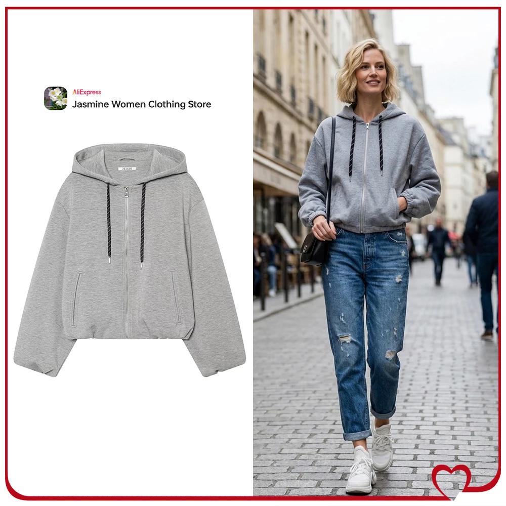 Casual Hooded Bomber Sweatshirts for Women New in Zippered Sweatshirts with Adjustable Drawstring Hoodie and Double Welt Pockets