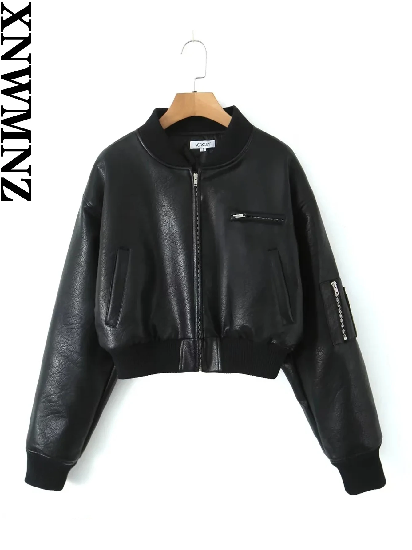 XNWMNZ-Chaqueta acolchada de cuero sintético para mujer, abrigo de manga larga con cremallera y cuello redondo, moda urbana, 2023