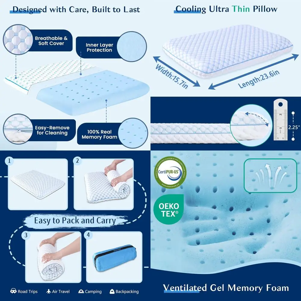 

Memory Foam Pillow for Side and Back Sleepers - Cooling Gel Infused, Low Profile, Zippered Soft Pillowcases, 2.25 Thick