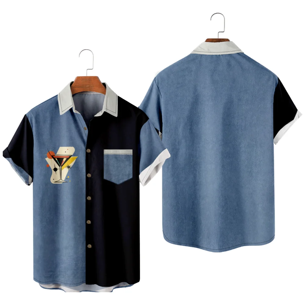 

Мужская повседневная рубашка, черно-синяя лоскутная коктейльная рубашка Y2K Hombre, модная летняя рубашка, уличная одежда