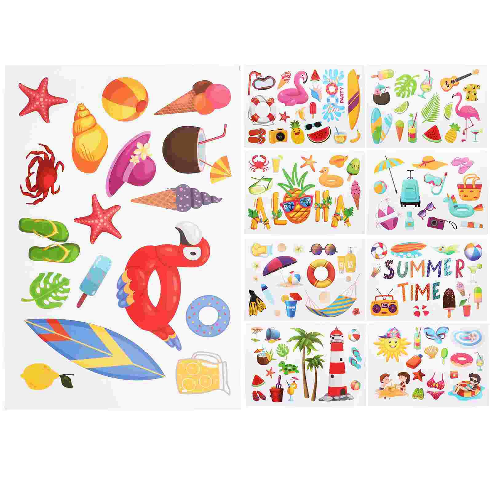 9 Sheets Hawaiian Day Stickers Beach Window Cling Clings Holiday Shades for Car Glass Pvc Static Cartoon Child Ocean Decor