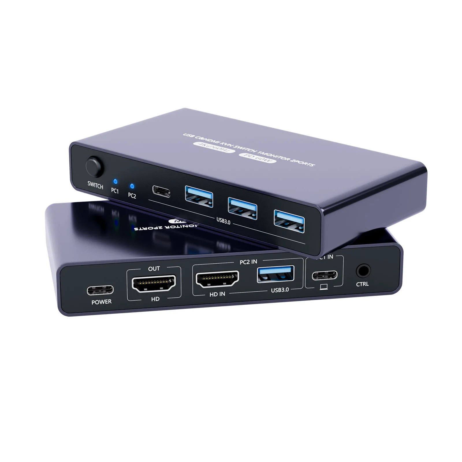 2 In 1 Out KVM Switch 4K 60Hz Type C for Laptop PC Monitor Keyboard Mouse Sharing