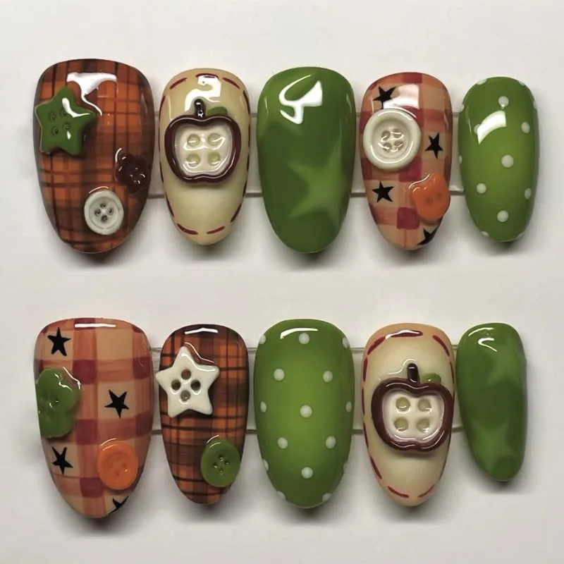 24PCS Vintage Brown Plaid Almond Wearable False Nail Green Apple Star Fake Nails Retro Polka Dots Buttons Pattern Nails Press On
