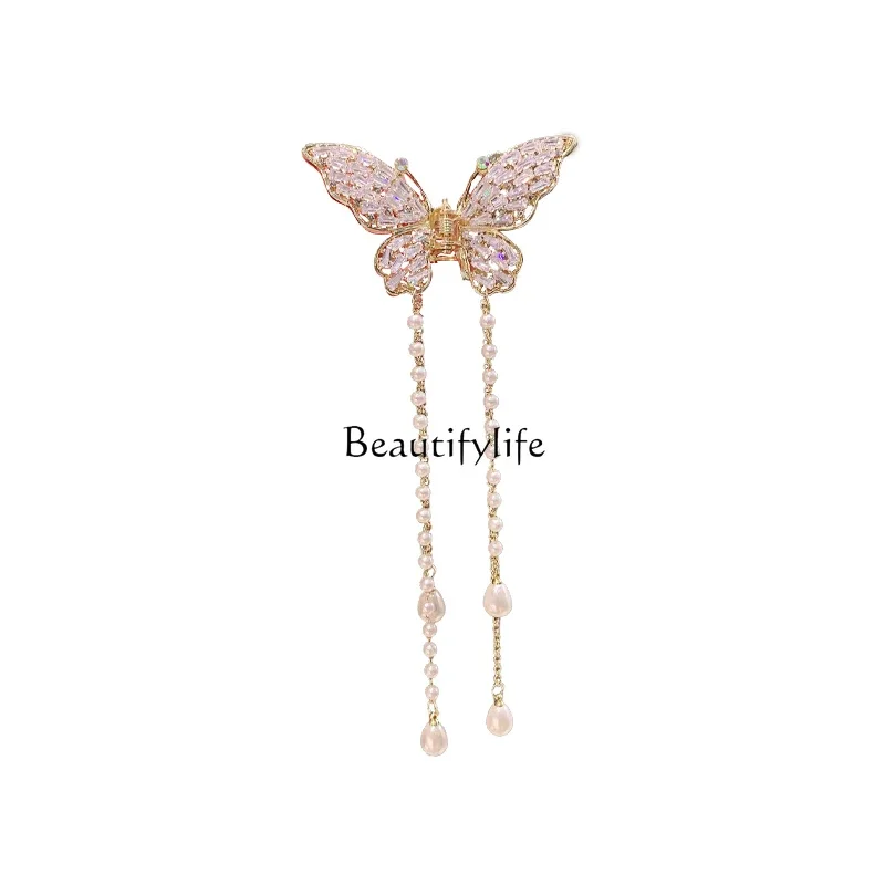 Pearl Rhinestone Metal Butterfly Tassel Small Jaw Clip Back Head Ponytail Hairpin