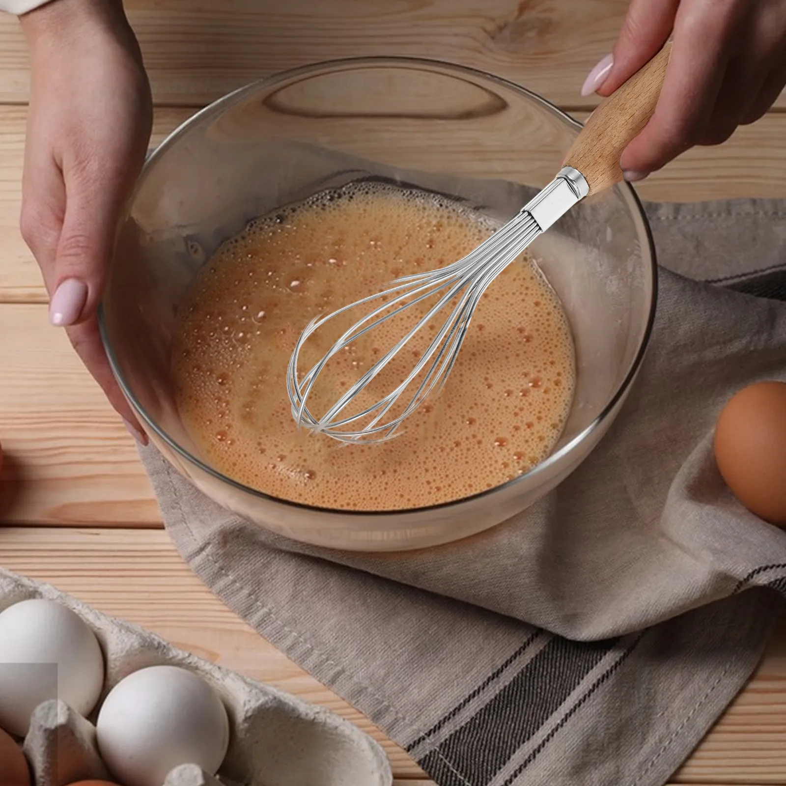Mini Stainless Steel Wood Handle Elongated Hand Whisk for Egg Beating Cream Mixing Sauce Stirring Outdoor Cooking Baking view 3