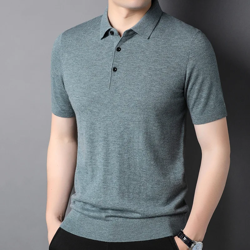 % Wool Men'S Crew Neck Wool Thin Short Sleeve-Shirt Youth Fashion Solid Color Pullover Wool Sweater 3505
