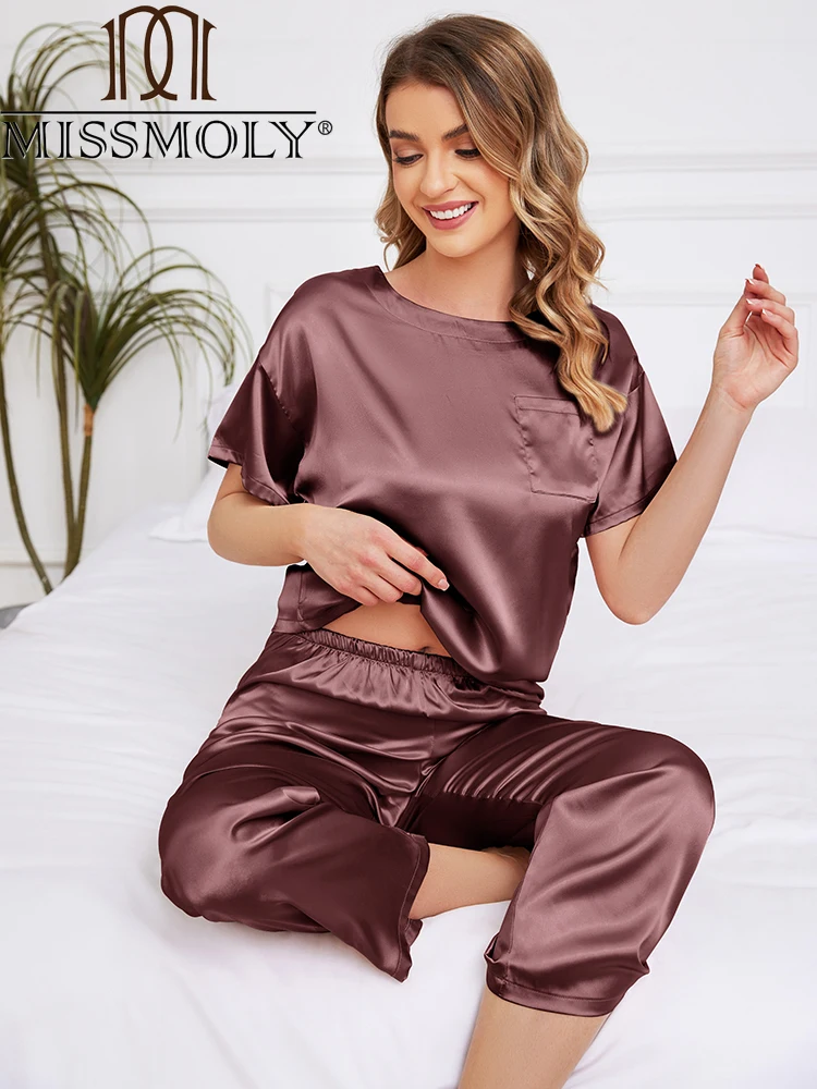 Women\'s Silk Pajamas Short Sleeve Sleepwear Soft Satin Loungewear Round neck T-shirts and pants 2 Piece Set