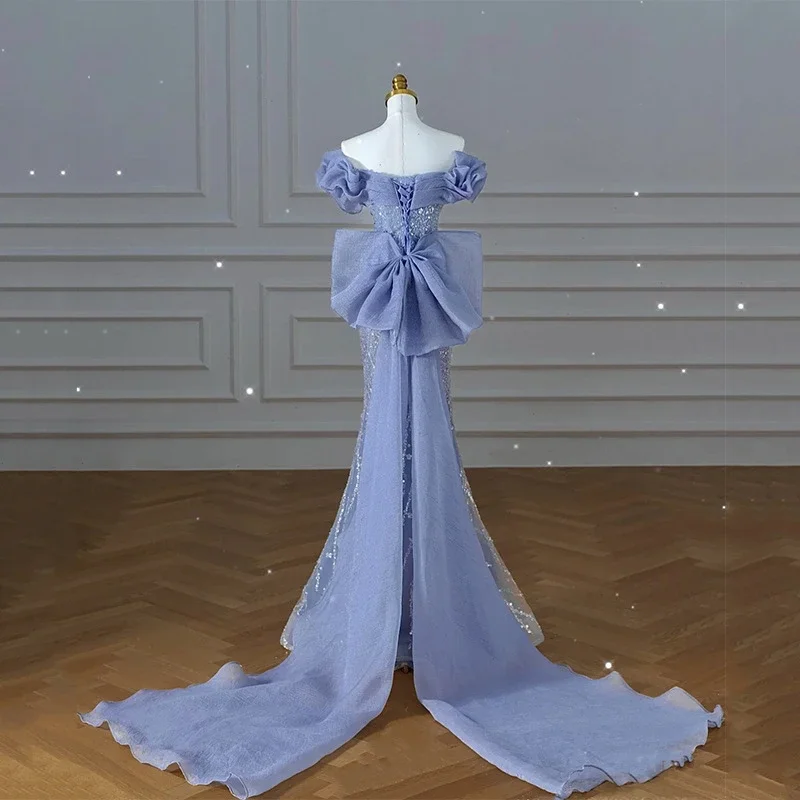 Luxury Blue V-Neck Prom Evening Gowns Bubble Sleeves Straight Shoulder Strap Detachable Bow Tie Up Pleated Beaded Party Dresses