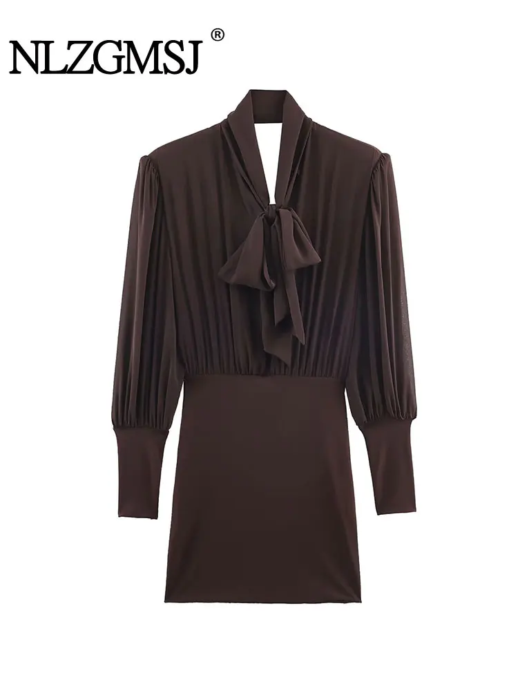 NLZGMSJ Satin Women Party Dress 2026 Spring Long Sleeve V Neck Slim A Line Extreme Short Mini Dress with Scarf