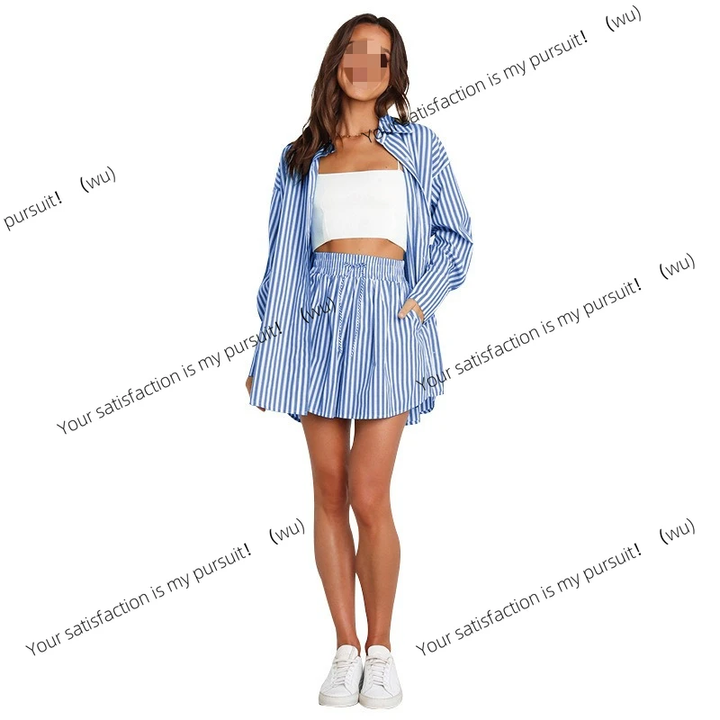 الأوروبية والأمريكية الربيع والصيف مزاجه ركاب عارضة دعوى، قميص الموضة مخطط قطعتين مجموعة