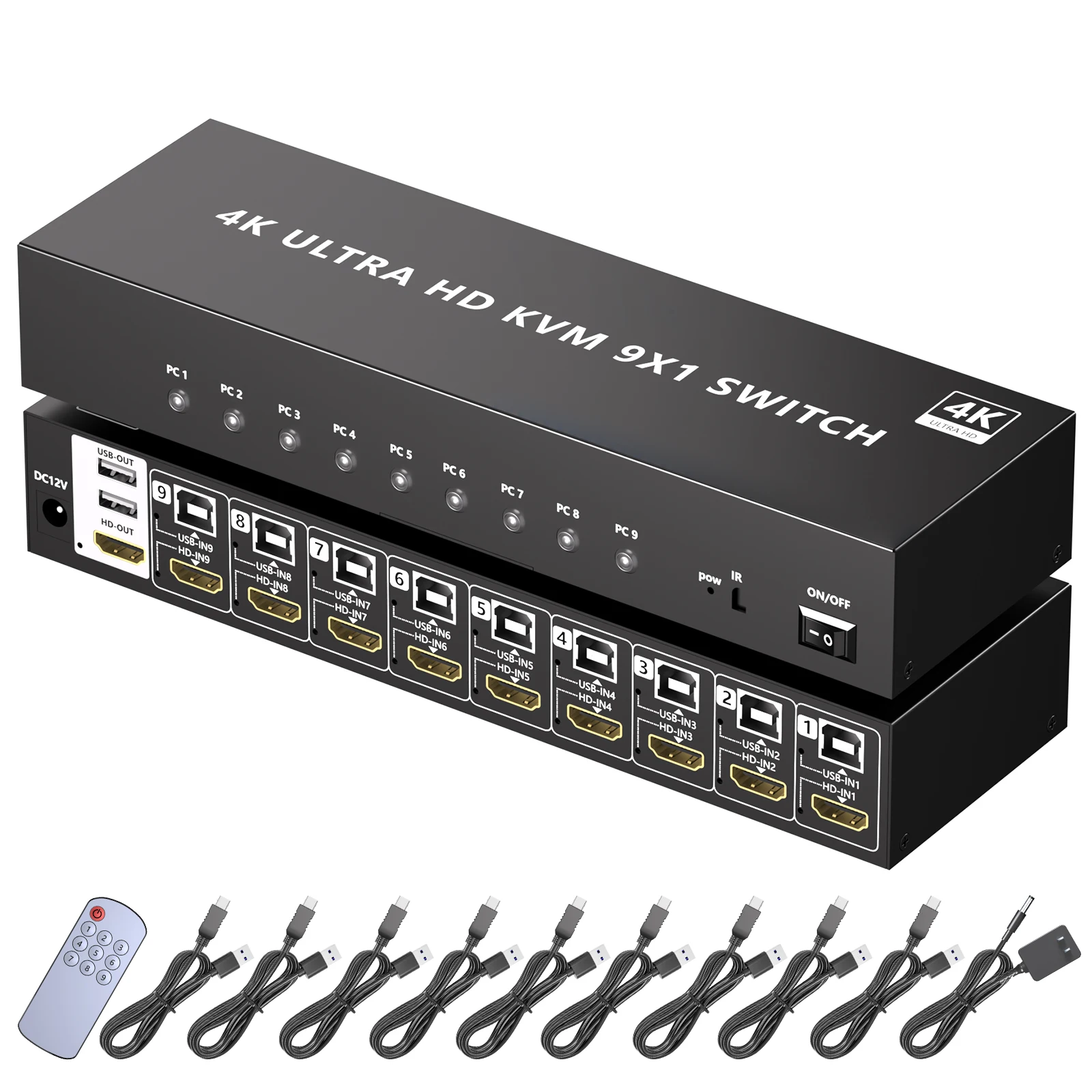 9 Port KVM Switch USB HDMI Switcher 4Kx2K@60Hz for 9 Computers Sharing 1 HD Monitor and 2 USB Devices Keyboard Mouse Printer