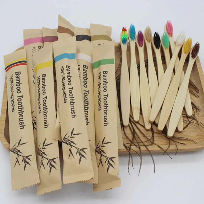 Single Cowhide Wrapped Bamboo Toothbrush Set Natural and Environmentally Friendly Bamboo Toothbrush Tablet 10 PCS Wholesale