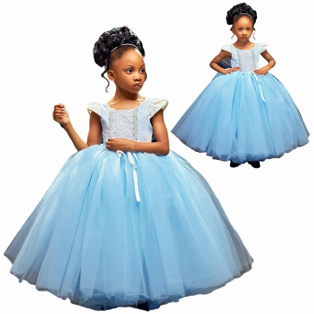 

Sky Blue Flower Girl Dress Kids Birthday Party Illusion Jewel Short Sleeves Beaded Lace Decorated Tiered Tulle Princess Ball