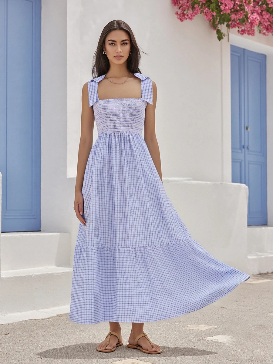 Nowa Damska Długa Sukienka w Paski/Kraciasta/Wzorzysta Bez Rękawów na Ramiączkach Letnia Sukienka Wiązana na Ramionach Modna Sukienka Codzienna S M L