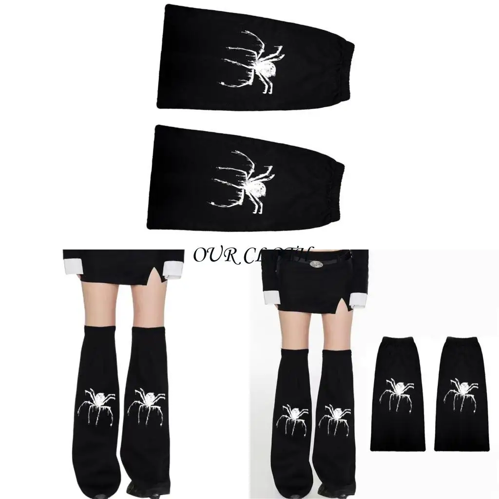 Women's Overknee Denims Leg Covers Subcultures Spiders Print Flared Leg Warmers Y1AC