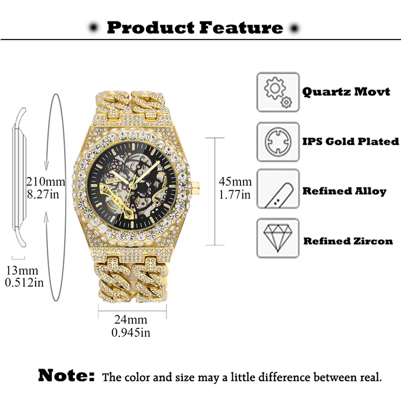 2024 Skeleton Iced Out Watch For Men Hip Hop Big Diamond Mechanical Watches Mans Fashion Cuban Chain Automatic Wristwatch Reloj