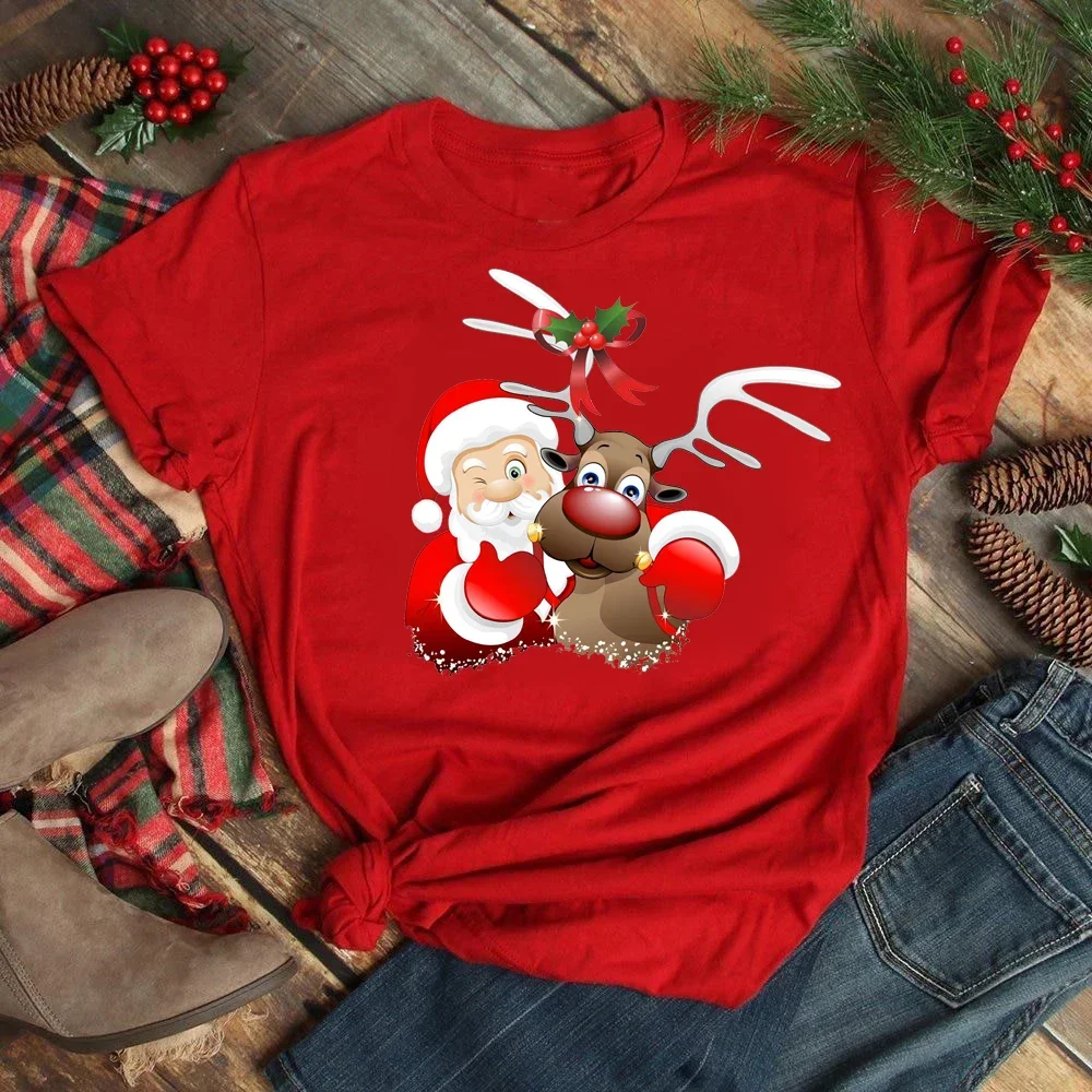 Funny Santa Claus with Christmas Elk Print Women T-shirt Casual Short Sleeve O-Neck Red Tshirt Ladies Y2k T-shirt Female Clothes