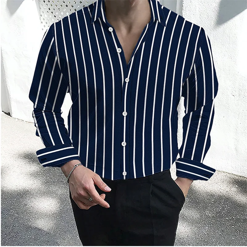 Men\'s formal shirt button lapel shirt black and white red long sleeve striped collar wedding work clothing large size 6XL