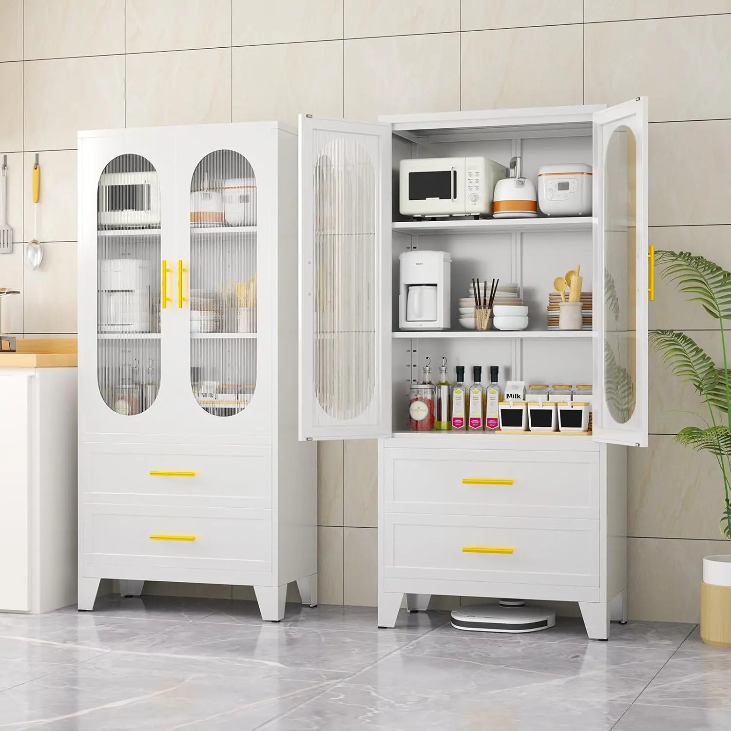 

61.02”H Metal Pantry Storage Cabinet with Drawer,Pantries Cabinets with Acrylic Glass Doors and Adjustable Shelves,cupboard