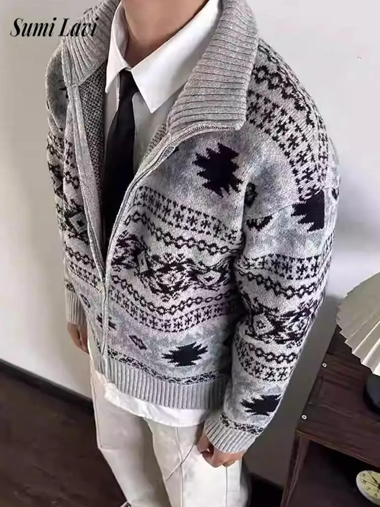 

Casual Zipper Stand Collar Mens Sweatercoats Autumn Winter Vintage Knitted Cardigans For Men Fashion Geometric Sweater Jackets