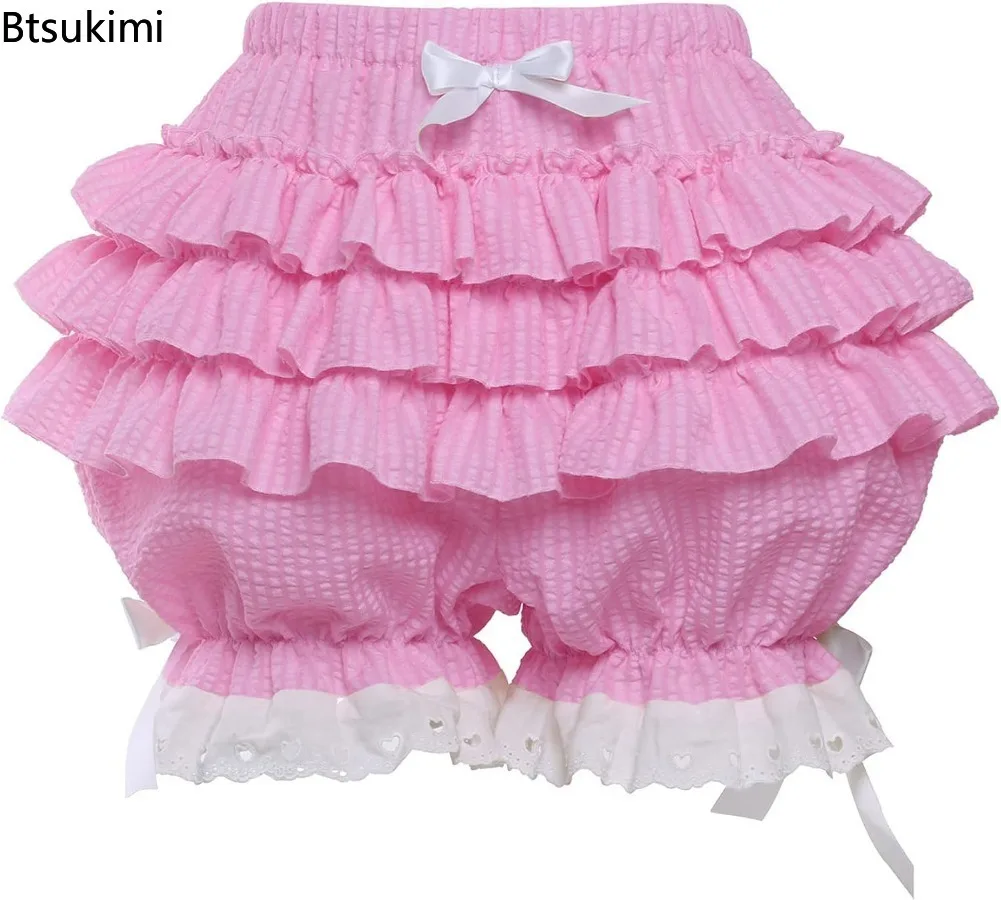 Women's Layered Ruffle Pumpkin Shorts Elastic Waist Bow Front Bloomers Lace Trim Shorts Victorian Underwear Vintage Y2k Costume