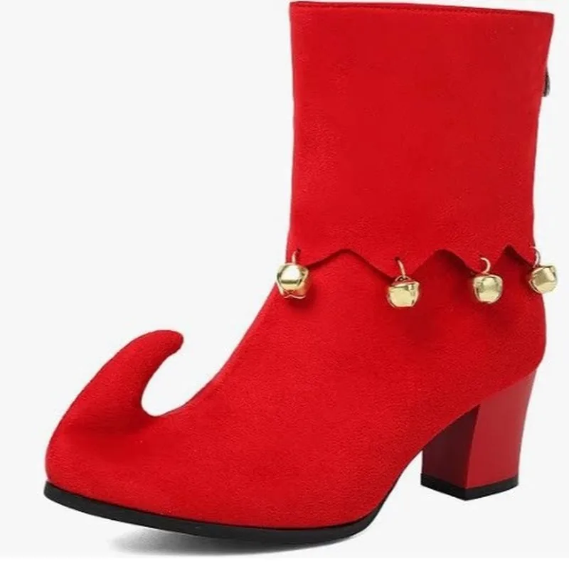 Women Elf Boots Red Curled Toe Bell Decor Chunky Heel Short Boots Xmas Party Costume Shoes Plus Size 34-43 NewF747