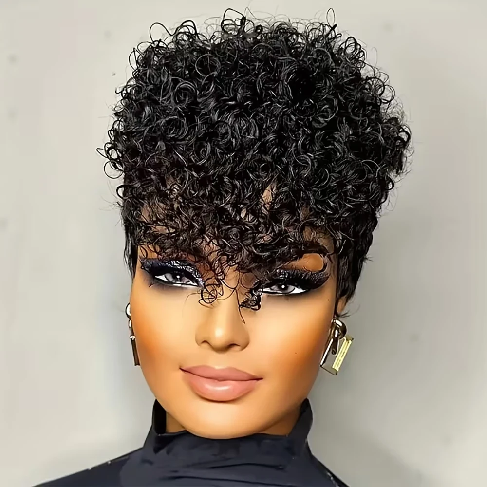

Натуральный черный короткий парик с стрижкой пикси, вьющийся парик из человеческих волос с предварительно выщипанной челкой для чернокожих женщин, бразильский парик машинного производства