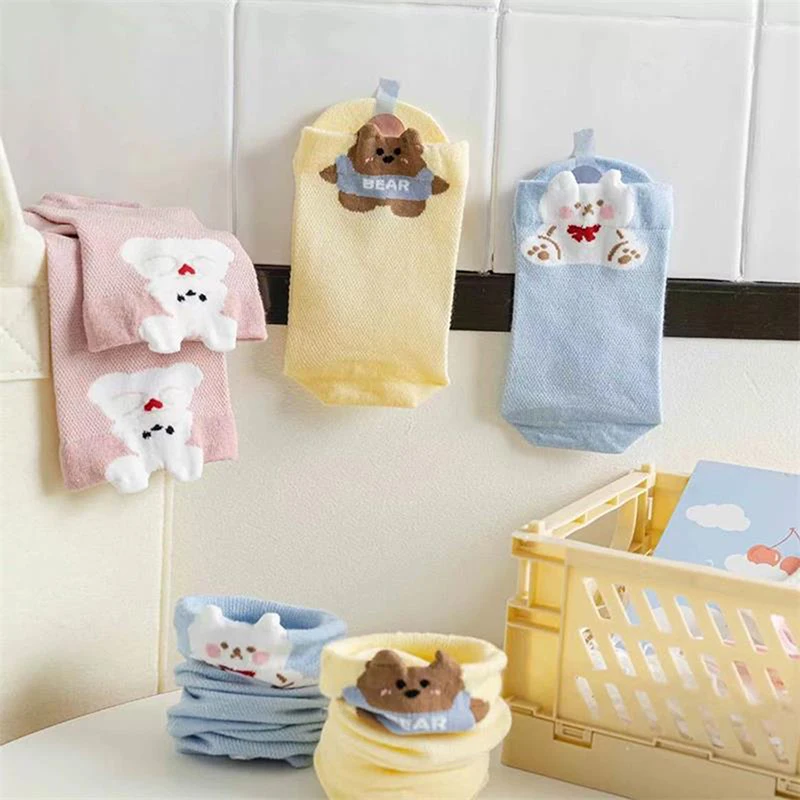 1 Pair Cream Color All-match Cute Animal Pattern Hollow Out Mid-calf Sock Summer Thin Breathable Sweet Sock Casual Stocking Gift