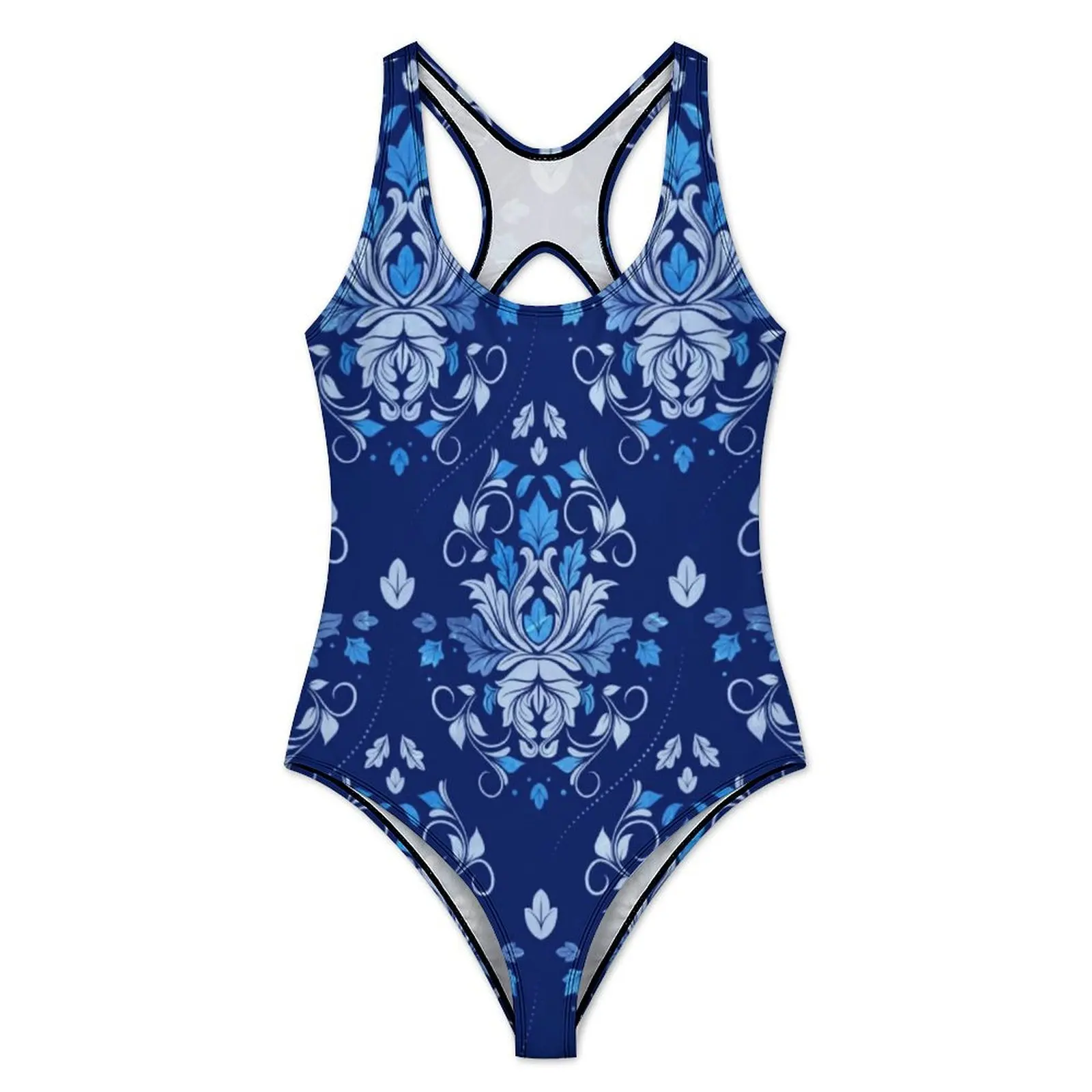 Blue Baroque Print Swimsuit Sexy Oriental Vintage Damask Women Swimwear One-Piece Swimsuits Holiday Push Up Hollow Out Monokini