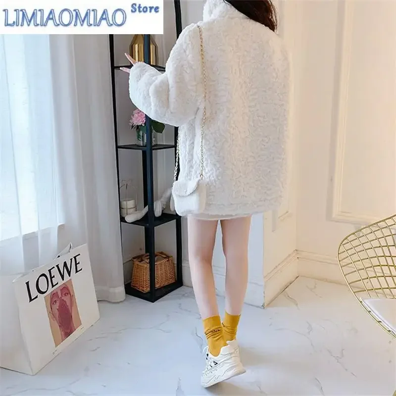New Thick Imitate Fur Jacket Female Autumn Winter Style Korean Loose Wild Lamb Hair Short Coat Green Button Outwear