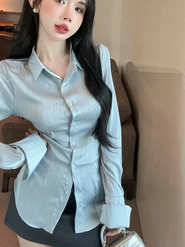 Autumn/winter Korean Version New Lapel Single Breasted Long Sleeve Shirt Women Cinching Waist Solid Slim Casual Top F406