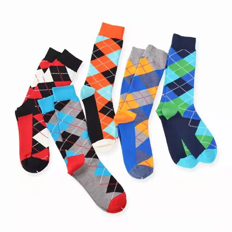 Retro Men Cotton Dress Happy Socks Argyle Pattern Wedding Harajuku Funky Novelty Gift Streetwear Hip Hop INS Cool Skate Color