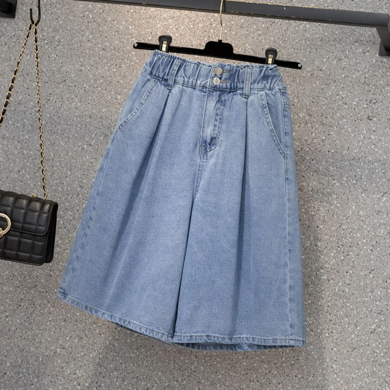 Summer New Elastic High Waist Wide Leg Denim Shorts Women's Casual Loose Fit Fashion Versatile Comfortable Five-point Pants
