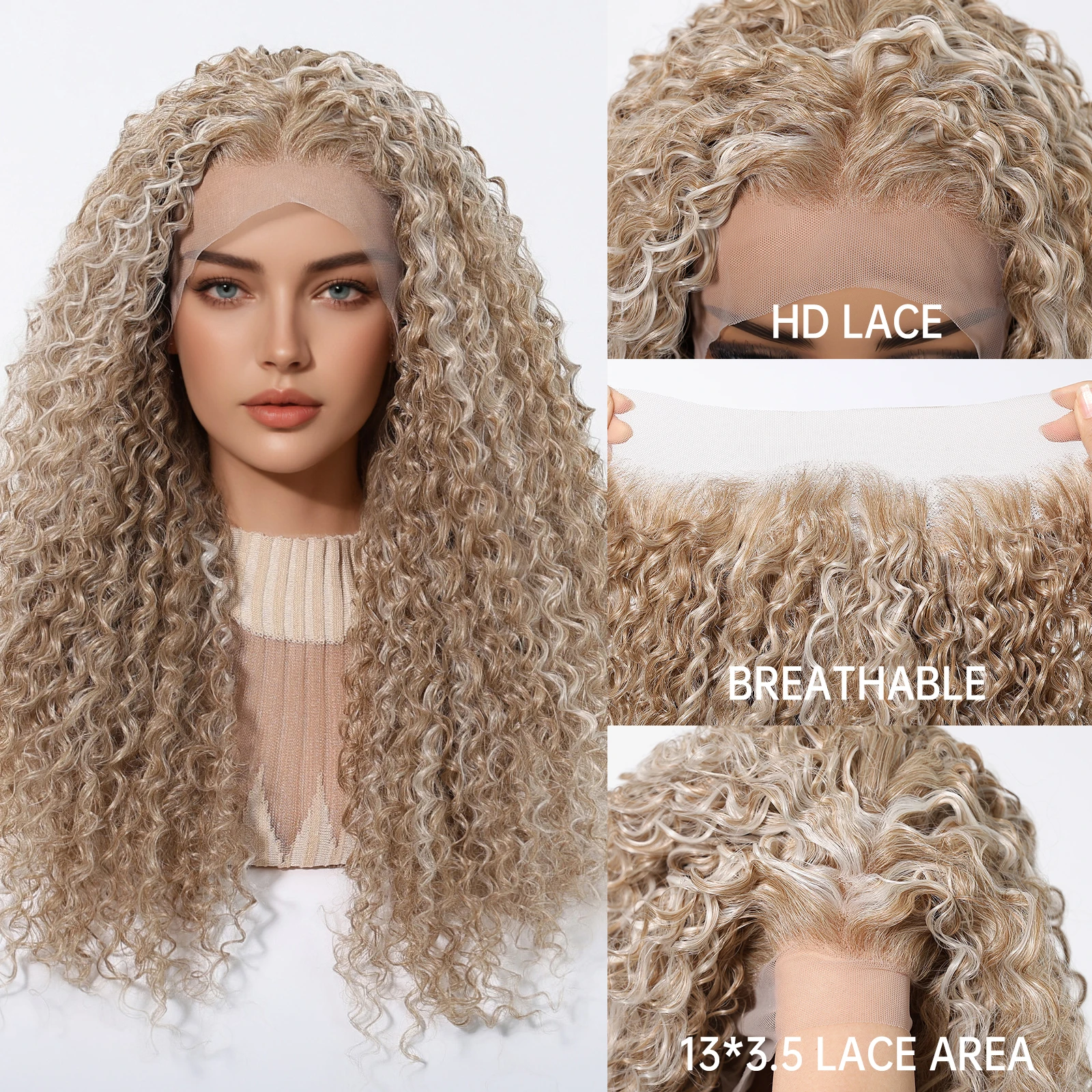 

Topshe HD 13x3.5 Lace Front Blonde Wig Deep Curly Synthetic Hair Invisible Melted Lace Pre-Plucked Glueless Wig for Women