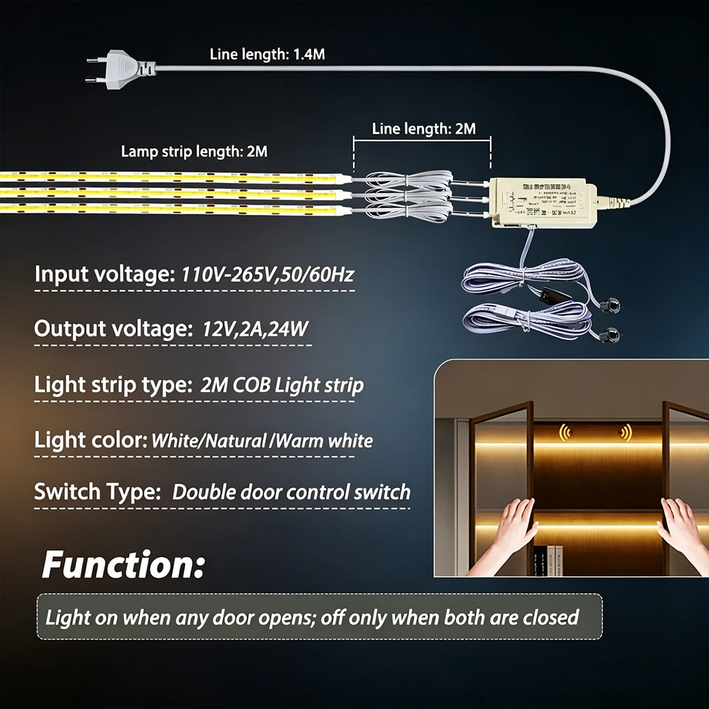 4000K 110V-Compatible set driver,Door control sensor,LED strip light for wardrobe/wine cabinet/display cabinet Dual door Switch