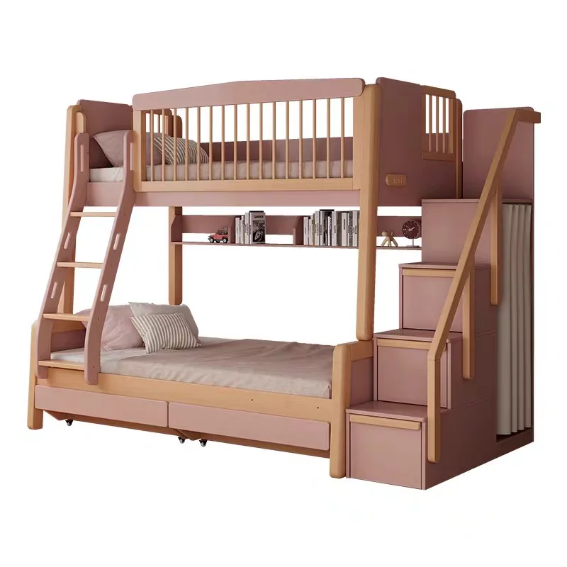 Modern Wooden Twin Bunk Bed for Kids  Sturdy Children's Solid Wood Bed with  Safety Ladder for bedroom with bookshelf