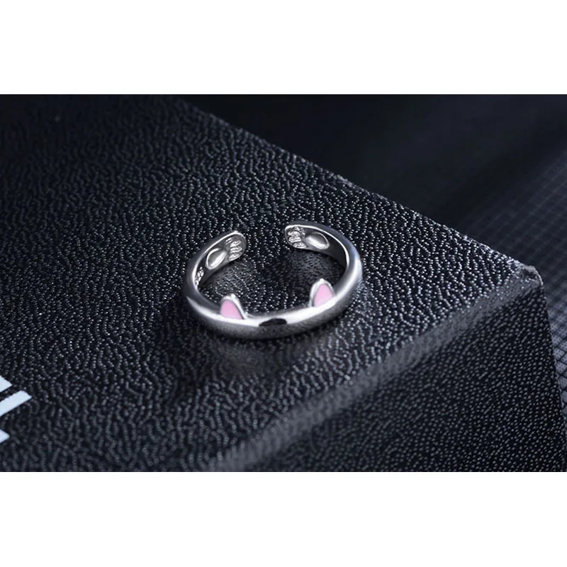 Brand 925 Sterling Silver Cute Design Cat Ear Pattern Open Adjustable Rings For ren Girl Gift Black Finger Ring For Women