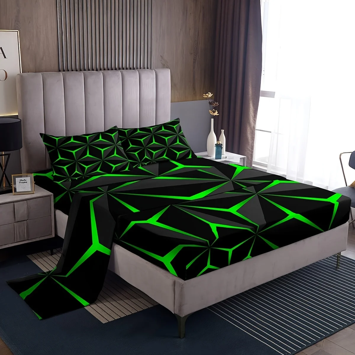 3/4pcs Neon Honeycomb Sheet Set, Geometric Stereoscopic Theme Bedding Set, Geometry Adults Bedroom Decoration 3D Green Print,