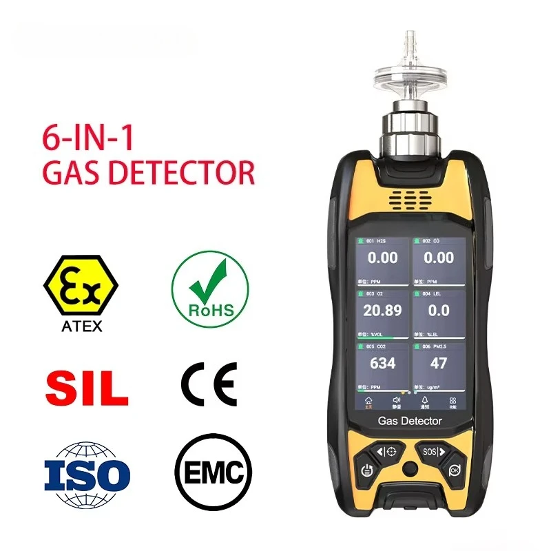 Portable High Precision 6 in 1 Gas Detector Real-Time Detection for LEL O2 CO H2S CO2 NH3 Industrial Grade Air Quality Monitor