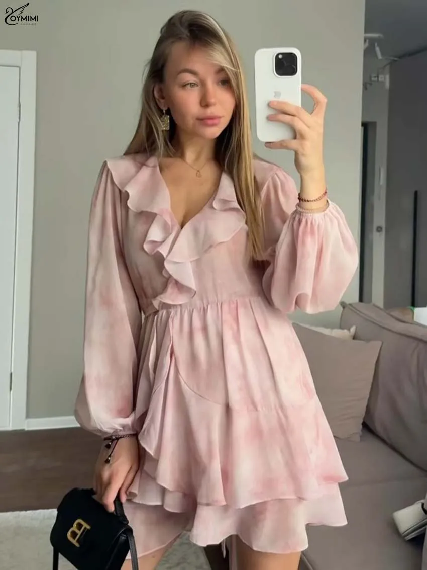 

Oymimi Elegant Pink Print Dresses 2025 Woman Fashion V-Neck Ruffled Long Sleeve Dresses Autumn Lace-Up Pleated Mini Dress Female