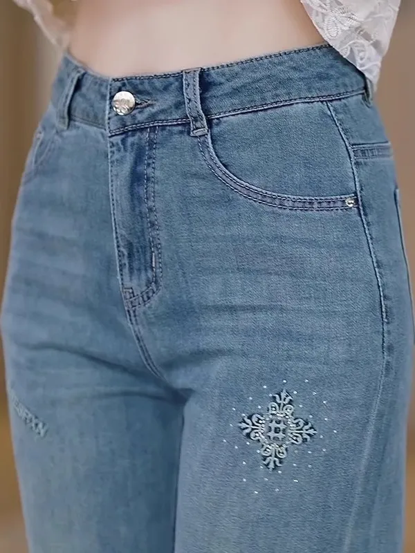 Casual Embroidered Faded Women's High Waist Slim Fit Nine-Tenths Straight Leg Loose Wide Leg Jeans Summer Thin Denim Pants