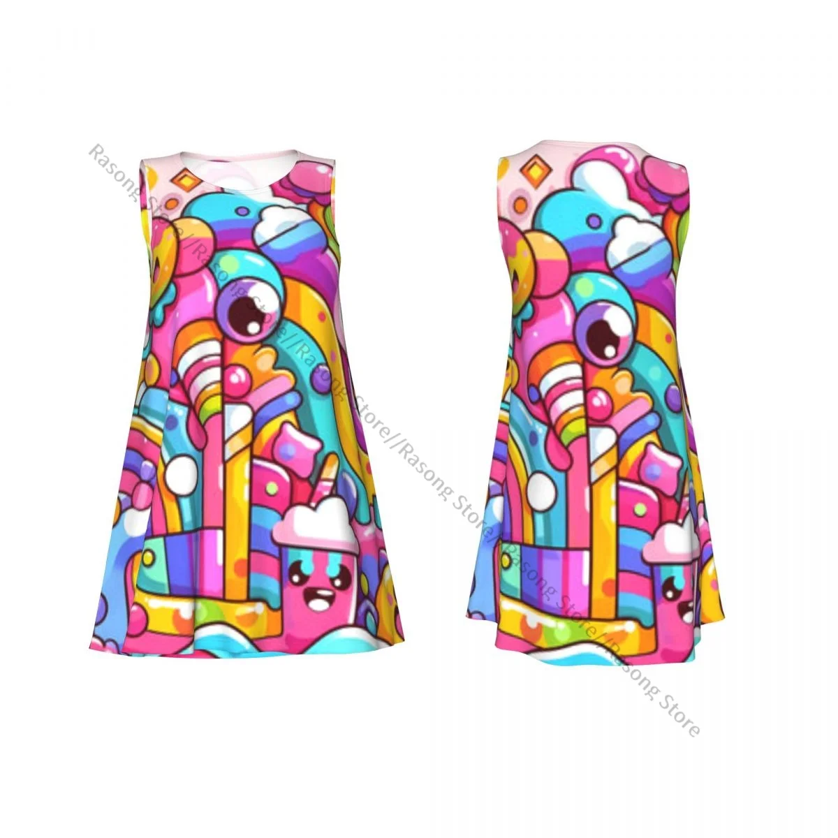 Vestido sin mangas con cuello redondo, monstruos divertidos y fondo colorido, vestido informal hasta la rodilla para mujer, vestidos largos