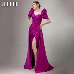 JEHETH Puff Sleeves Satin Evening Dresses Woman Elegant Mermaid Split Formal Party Dress Sweetheart Fuchsia vestidos de fiesta