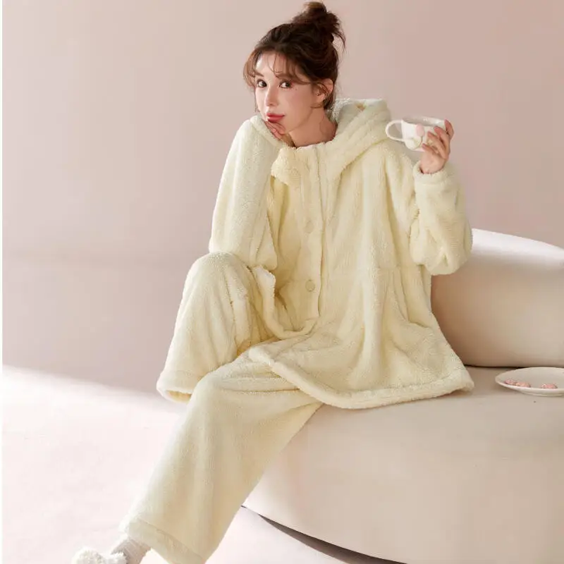 

Корейская версия, милые пижамы с капюшоном для девочек, утепленная женская свободная пижама на флисовой подкладке для отдыха, домашняя одежда, весна-осень-зима