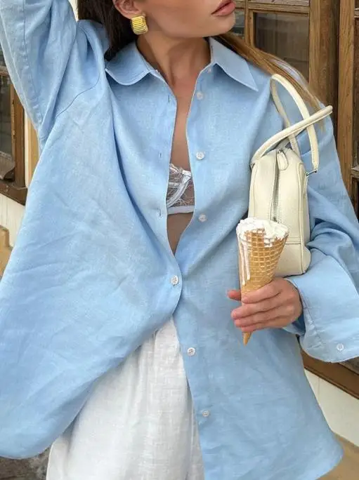 Women Blouse Leisure Vacation Solid Color Long Sleeved Turn-Down Collar Women's Loose Shirt New 2025 Spring and Autumn