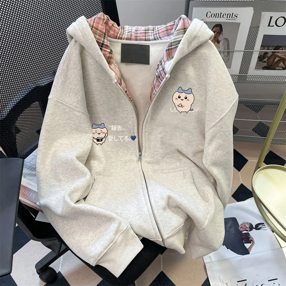Cartoon Kawaii Autumn Winter Fleece-lined Sweatshirt Hooded Coat Smooth Zipper Soft Fabric Exquisitely Crafted Sweet Chiikawa