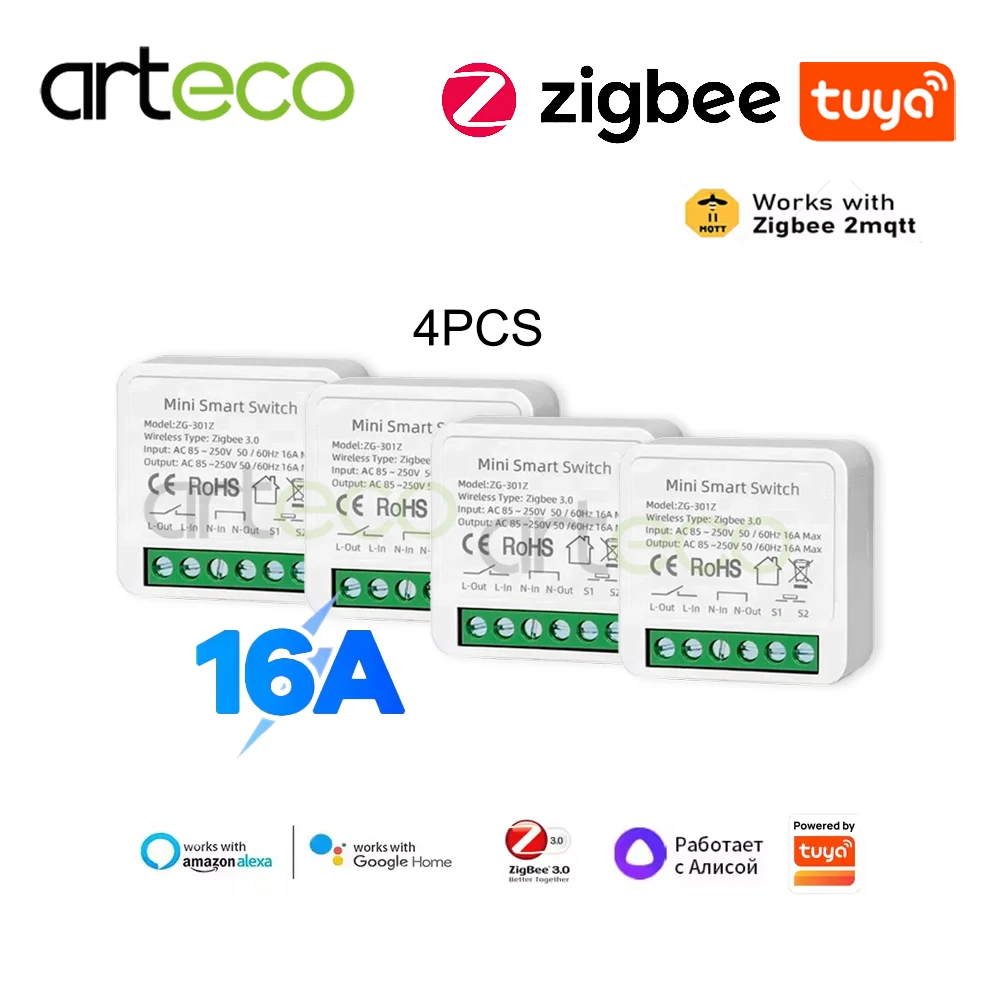 4 Pcs Tuya 16A Zigbee Smart Switch Mini DIY Breaker Module Relay 2-way Control Works With Alexa Google Home Voice Zigbee2MQTT