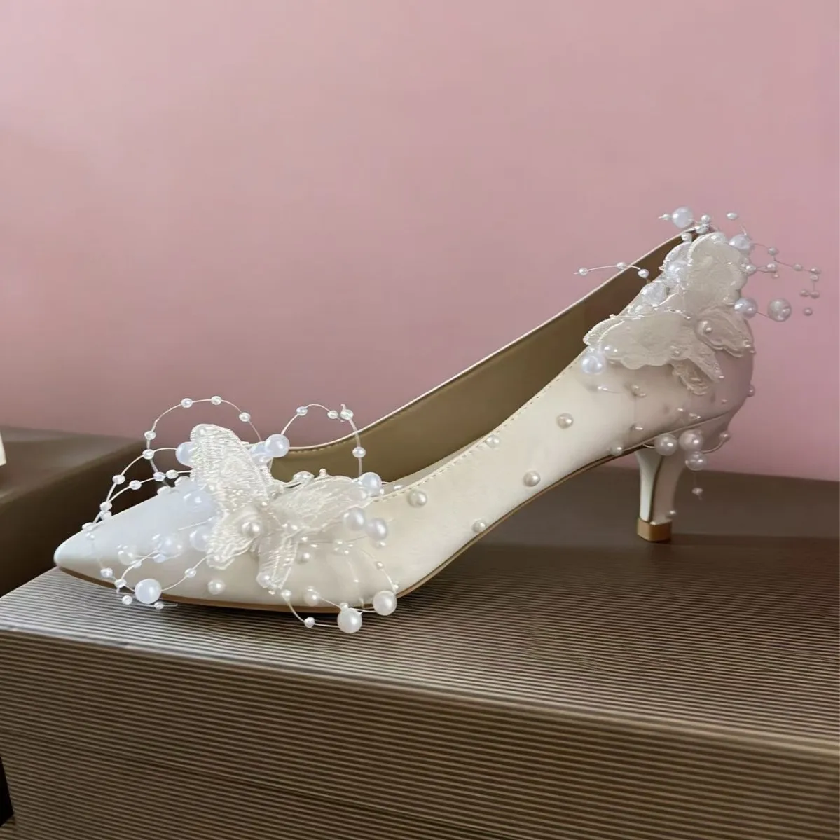 

Women's Ivory Satin Pointed Toe Kitten Heel Pumps Butterfly Pearl Embellishments for Weddings Bridal Events Romantic Elegant