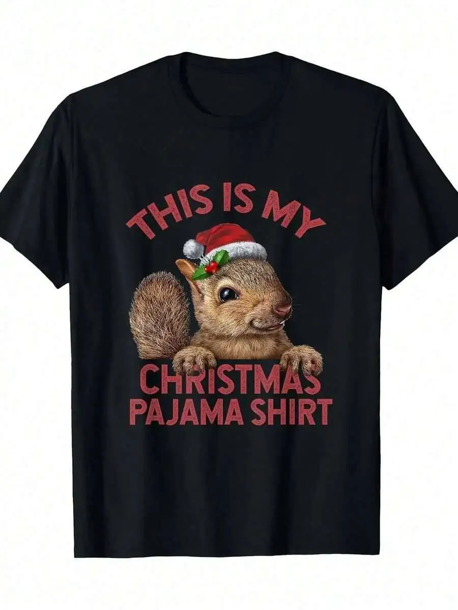 Men's Heavyweight 180Gsm T-Shirt Funny Squirrel In Santa Hat "This Is My Clothing Shirt" Text - Black Holiday 100% Cotton Trendy